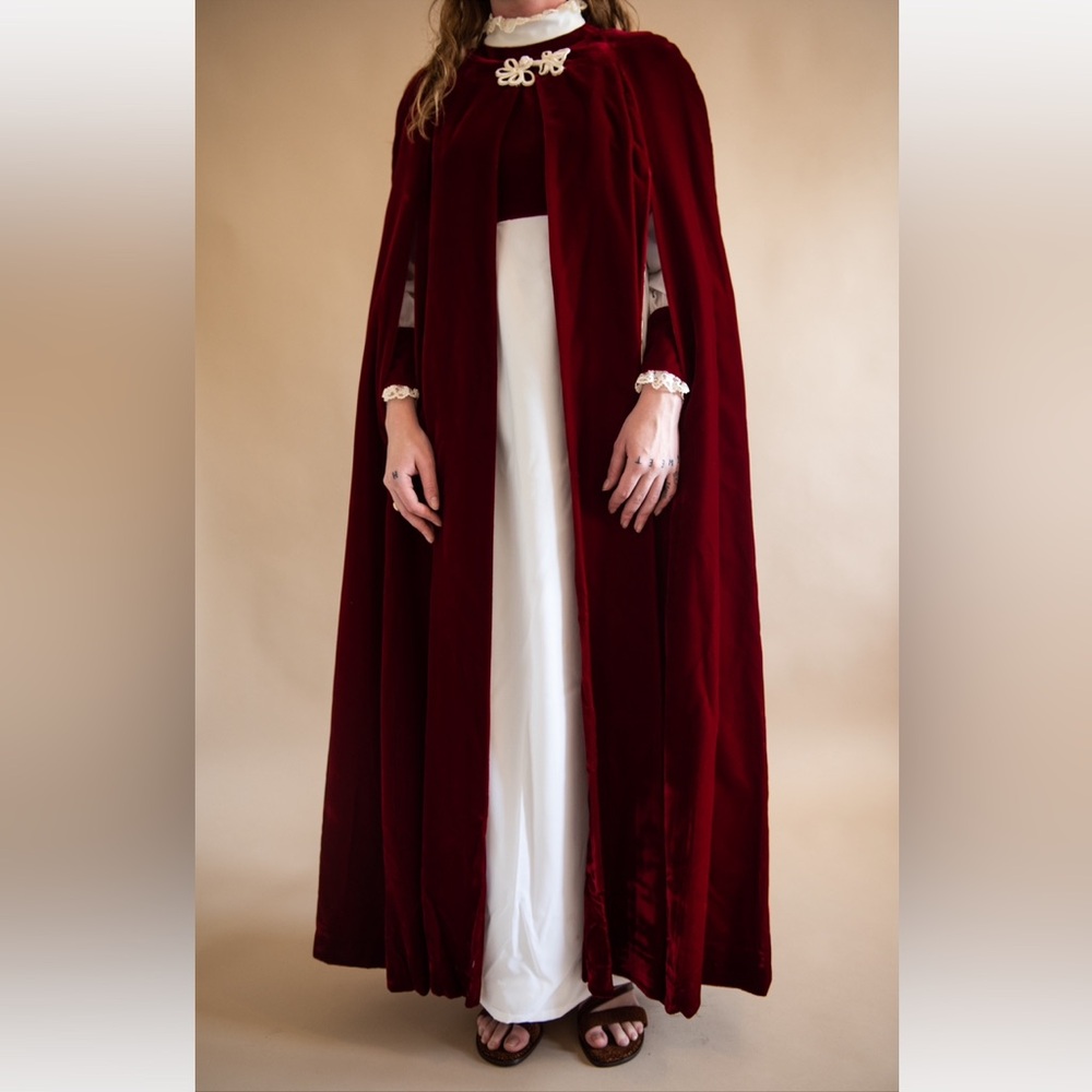 1970s Vintage Red Velvet Cape and Dress, with white lace and satin accents